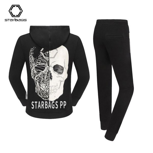 

starbags pp fashion logo original skull diamond silk screen hoodie sports casual pants men's suit 2020 new qp, Gray