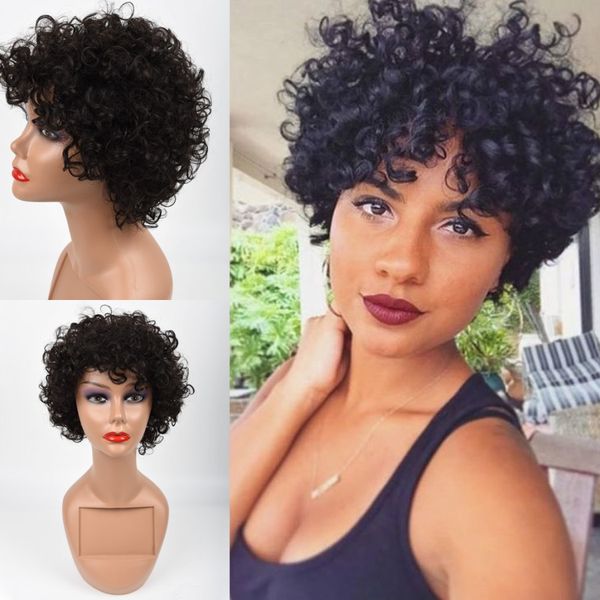 

Brazilian Short Human Hair Wigs for Black Women Natural Color Remy Glueless Bob Curly Pixie Cut Wig, Natural black color