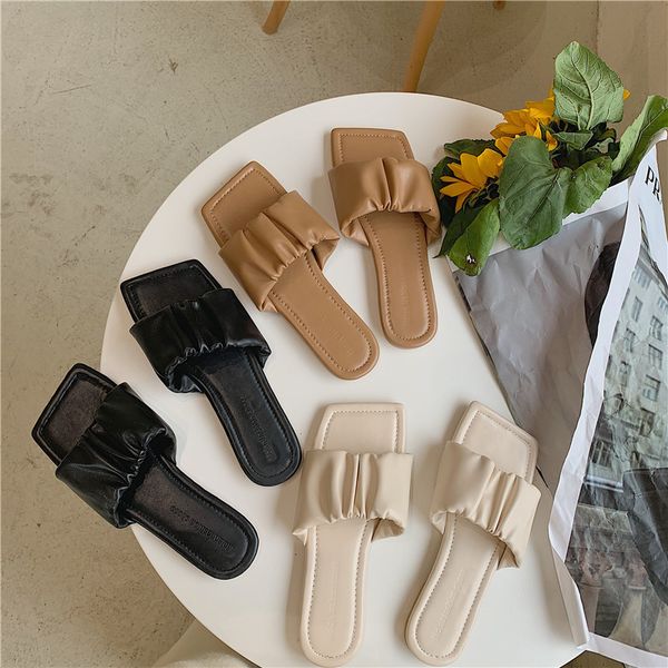 

slippers women summer low square toe female shoes luxury slides rubber flip flops 2020 soft beach flat designer hawaiian hoof, Black