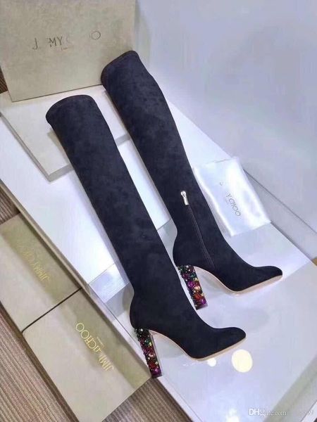 

real leather over the knee boots thick bottom elastic high to help flat shoes jc black brown zip-up