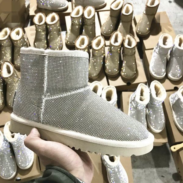 

2020 rhinestone winter boots women shoes warm real wool fur ankle boots women with fur platform snow sheep skin shoes, Black