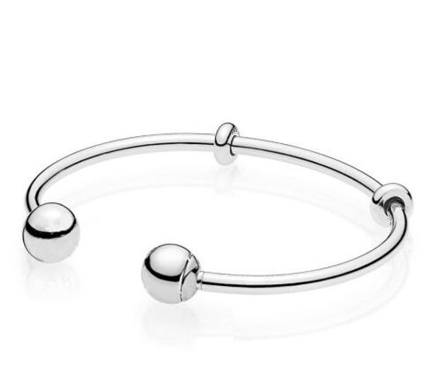 

original 925 sterling silver quality moments silver open bangle with signature caps bracelet fit bead charm fashion jewelry, Black