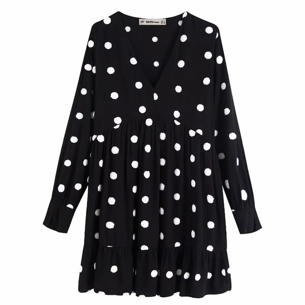 

women sweet dot embroidery black vestidos hem pleats ruffles mini dress ladies autumn v neck fur ball stitching dresses ds2881, Black;gray