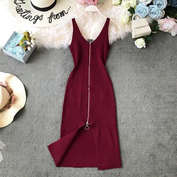 

women sweater dress new summer v neck spaghetti strap zipper short dresses ladies elegant knitted dress vestidos mujer, Black;gray