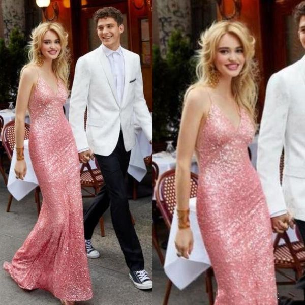 

New 2019 Sparkly Sequined Mermaid Prom Dresses Floor Length Spaghetti Pink Long Cheap Evening Gowns For Pageant