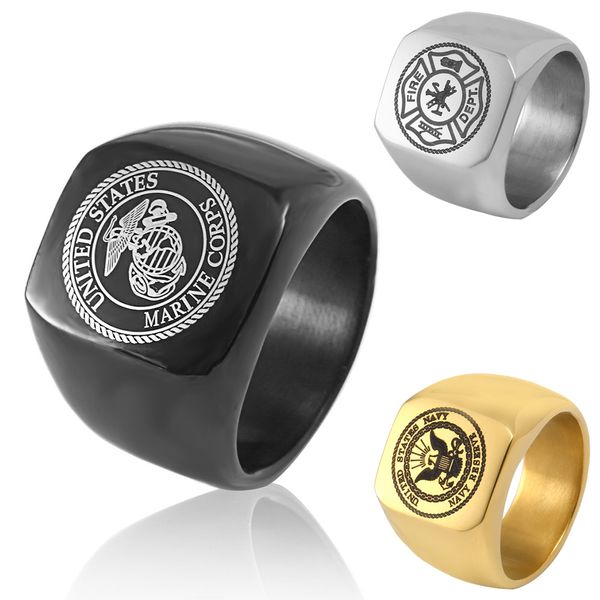 

stainless steel american soldiers officers ring united states marine corps usmc us navy rings usn military army air force fire dept jewelry, Golden;silver