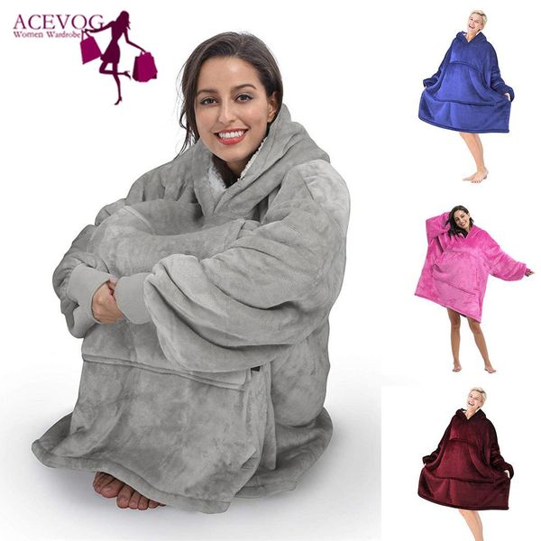 

women men hooded long sleeve casual loose solid blanket sweatshirt pockets autumn, winter pullover, Black