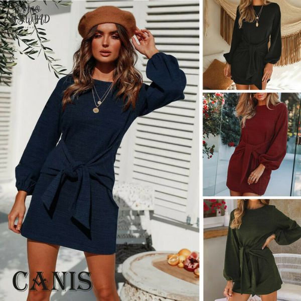 

women autumn lace up crew neck long lantern sleeve knitted jumper pencil sweater dress winter party short mini dress, Black;gray