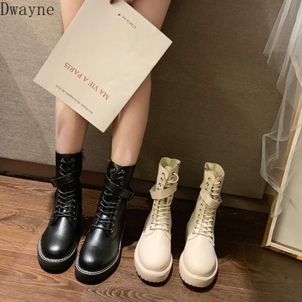 

boots female 2019 autumn and winter new leather surface thick bottom wild black handsome british fan car booties
