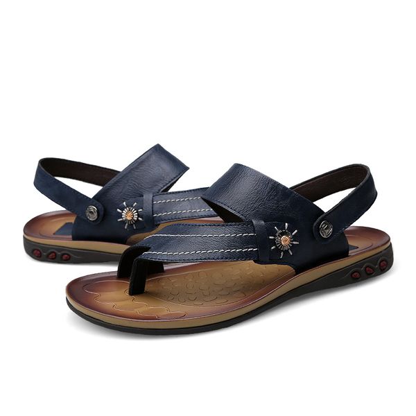 

mens flip flops plus size 47 summer comfortable genuine leather sandals men casual shoes beach shoes native male sandals, Black