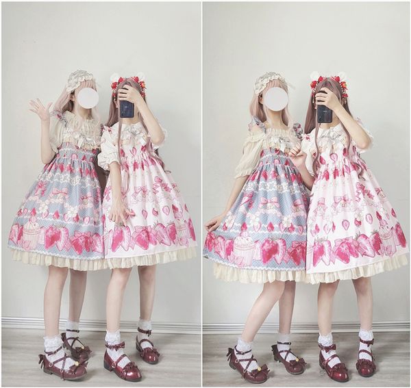 

princess sweet lolita dress cute printing vintage lace bowknot high waist victorian dress kawaii girl gothic lolita jsk loli cos, Black;red