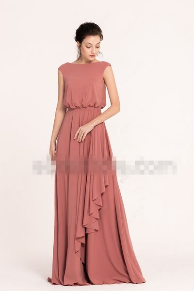 Marsala Popover Chiffon Modest Modest Dridesmaid Vestidos Cap Sleeves Barco Pescoço A-Line Chão Comprimento Mulheres Formal Casamento Festa Vestidos Modest