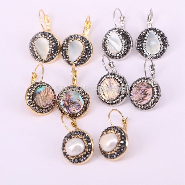 

10pairs zyz177-9951 natural shell / pearl dangle earrings crystal rhinestone paved gold silver color hook dangling earrings