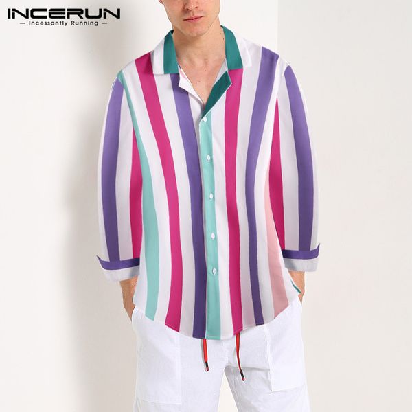 

incerun 2019 fashion shirt men colorful striped lapel long sleeve camisa chic leisure mens hawaiian casual shirts street style, White;black