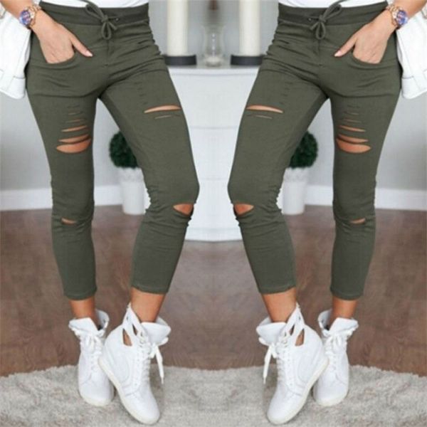 

2018 women army green leggings hole pencil stretch casual denim skinny ripped pants fashion lady high waist broken hole trousers, Black;white