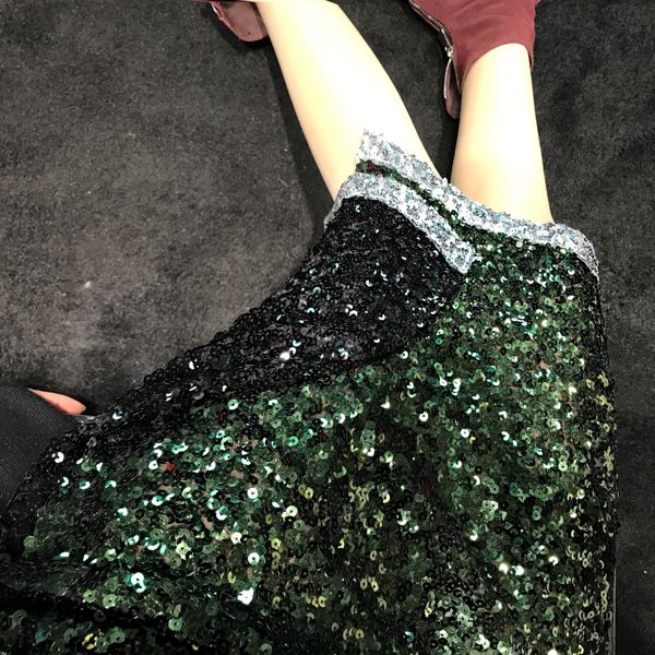 

splicing bling sequin slit double bread hip high waist skirt, Black