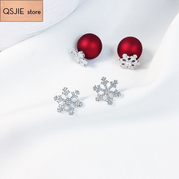 

s925 sterling silver, snowflake zircon, red pearl earrings, Golden;silver