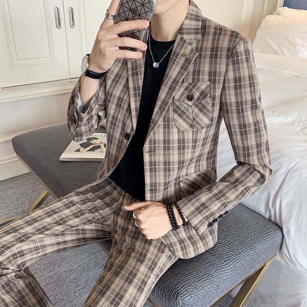 

british style suit set 2 pcs (coat + pants) men blazer / 2020 new men suits plaid printed slim suit 2 sets, White;black