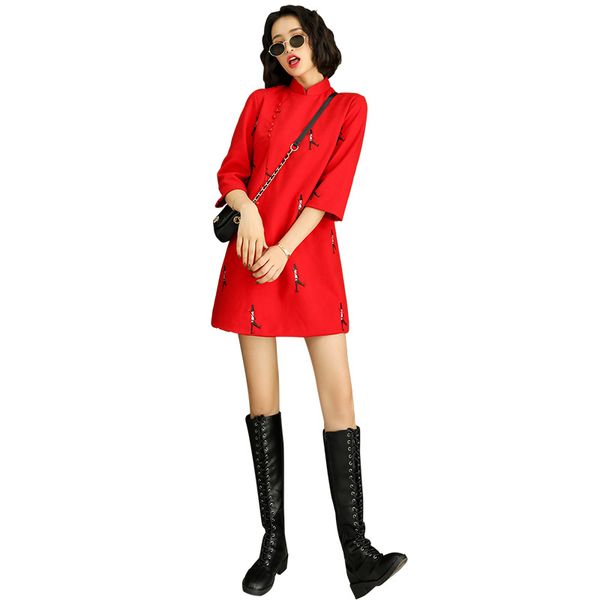 

improved cheongsam spring and summer 2020 new girl woolen embroidered playful short sleeve fashion dress, Red