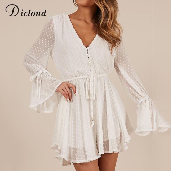 

dicloud white lace v neck rompers women spring see through polka dot lace up beach playsuits long sleeve party beach romper, Black;white