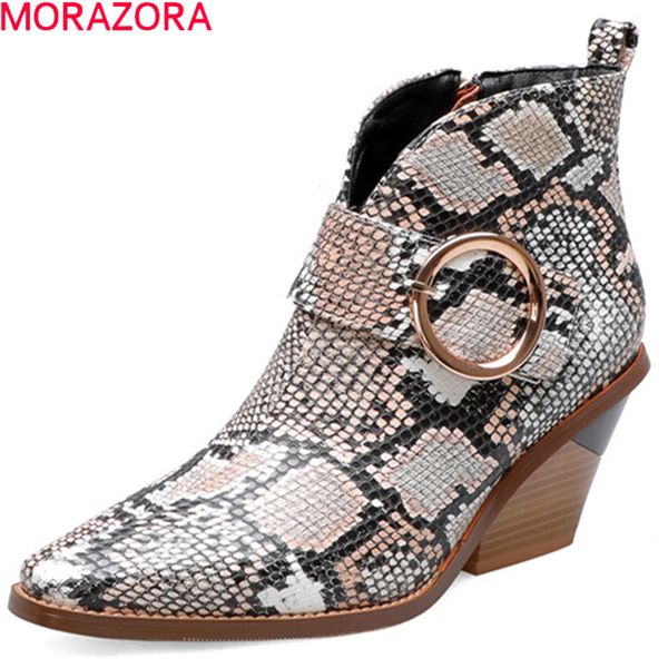 

morazora 2020 new arrival ankle boots for women buckle snake zip autumn winter high heels boots ladies party dress shoes woman, Black
