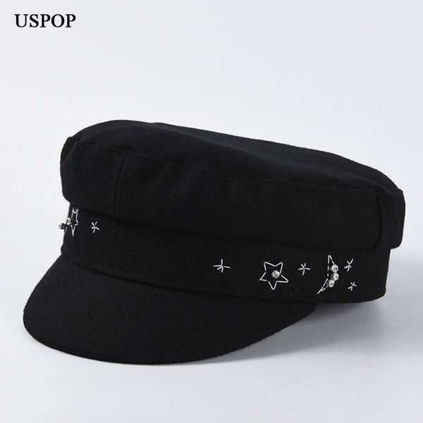 

uspop 2019 newsboy caps for women winter wool hat flat wool visor caps star moon embroidery, Blue;gray