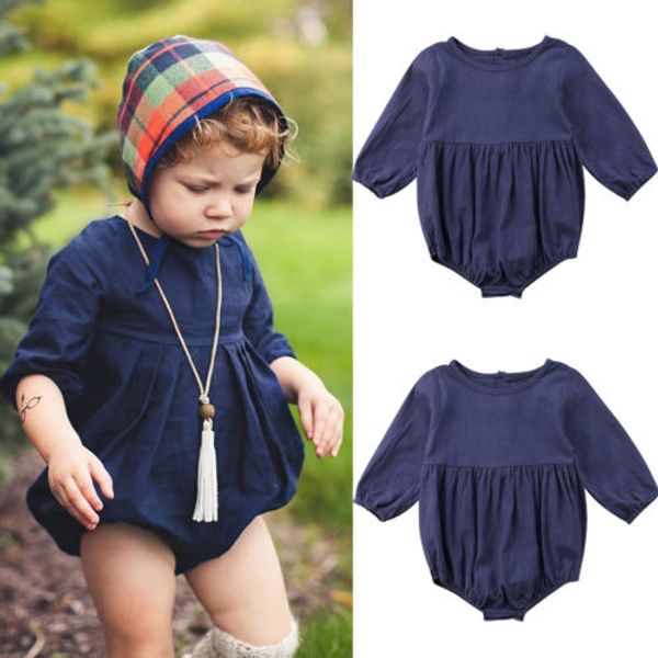

vintage newborn infant baby girl rompers solid blue long sleeve jumpsuit playsuit for baby girl autumn spring baby girl clothing