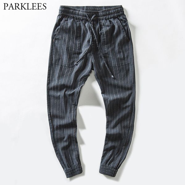 

striped cotton linen harem pants men jogger pants elastic drawstring waist casual trousers male lightweight comfortable pantalon, Black