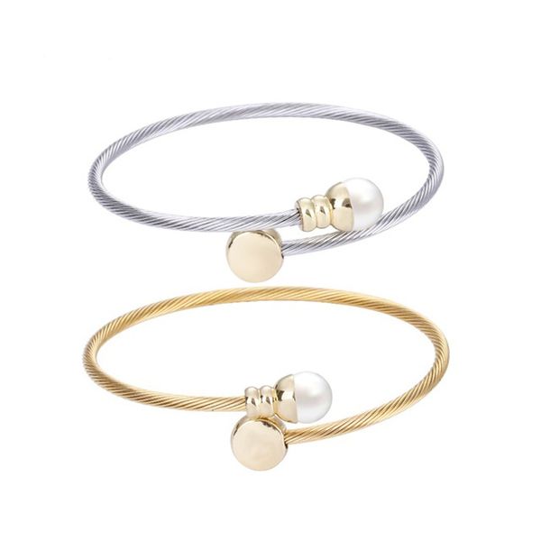 

chran exquisite round shell pearl stainless steel cable bangle bracelets for women, Black