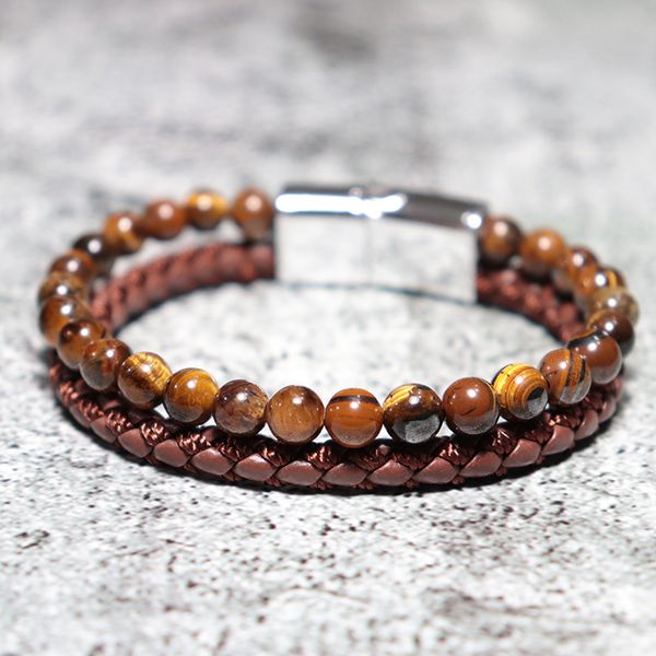 

модные мужчины кожаный браслет двойные слои нержавеющей стали браслет 6 мм натуральный обсидиан тигровый глаз бразалете камень подарок для м, Golden;silver