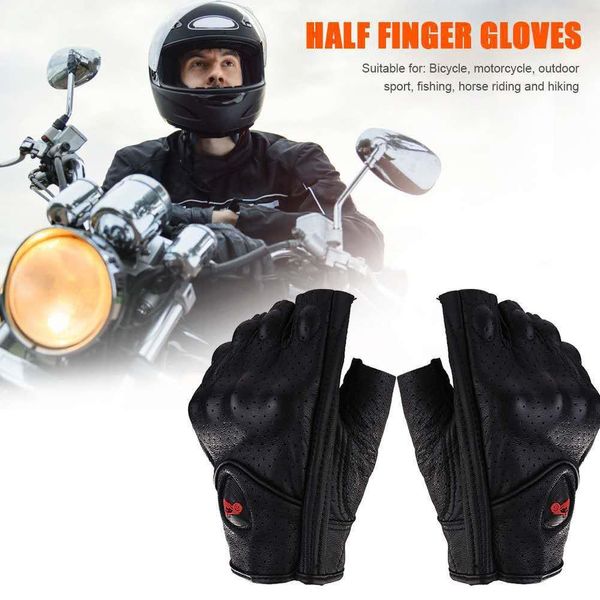 

motorcycle gloves leather summer breathable half finger fingerless glove for moto electric scooter bike racing cycling, Black