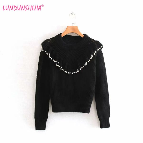 

lundunshijia women black short knitting pullovers 2019 autumn fashion pearl decoration o-neck loose female sweater, White;black