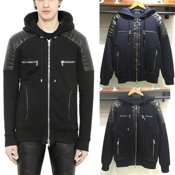 

men's sweat jumper sleece splice leather collar longsleeve hooded sweatshirt fashion design red/navy/black