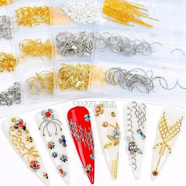 

6 grids/pack mix shapes various metal twisted bars stripes leaf 3d studs nail art alloy gems decorations manicure tips, Silver;gold
