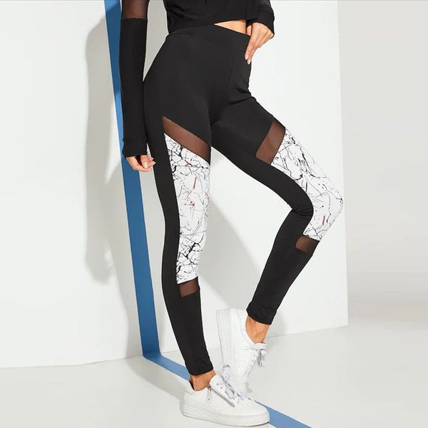 

women yoga pants running sportswear marble line print fitness leggings perspective tummy control gym high waist tights pants, White;red