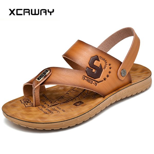 

xcrway men 2019 sandals leather men's sandals beach slippers casual sandal flip flops slip-on man footwear outdoor shoes 38-44, Black