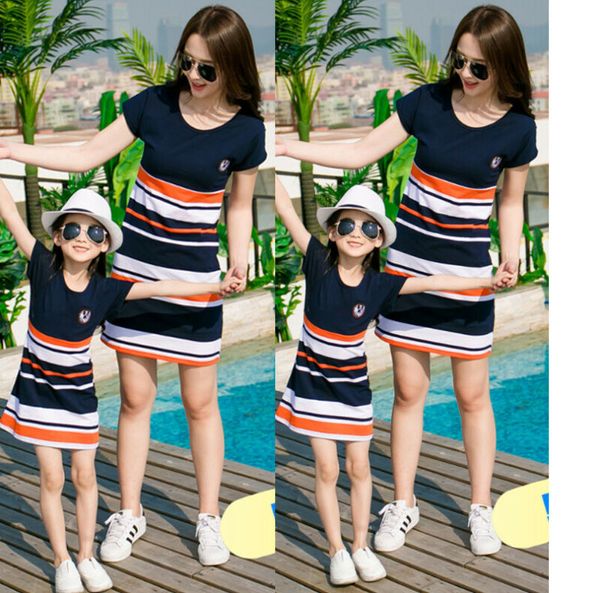 

2019 summer striped family matching outfits mommy and me clothes mom daughter look mother mama clothing baby mum dresses, Blue