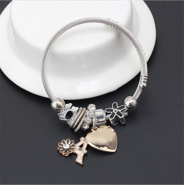 

european silver heart pendant beads adjustable bracelets&bangles with crystal glaze charm beads for women diy jewelry with safe 23, Black