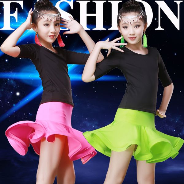 

girls latin dance costumes children's sleeve dance stand collar competition uniform set, Black;red