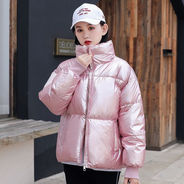 

2019 new women winter jacket shining fabric stand collar fashion female padded coat short outwear parka y190926, Black;white