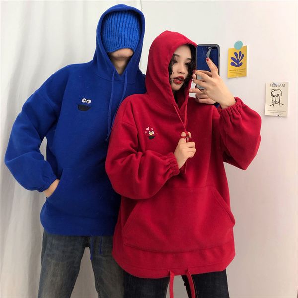 

2019 new autumn women hoodie sweatshirt plus velvet pockets oversize sweatshirts female embroidered cartoon sweatshirts hooded, Black