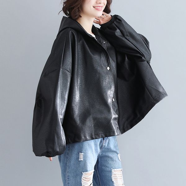 

l-7xl fat mm clothes 2018 hooded faux leather jacket women autumn winter blusa autumn hooded pu leather slim coat plus size, Black