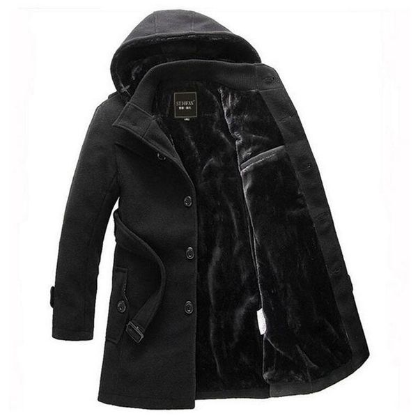

wholesale- 2016 men thick warm winter trench coat long section turn down collar single breasted solid fashion fleece jacket overcoat xxxl, Tan;black