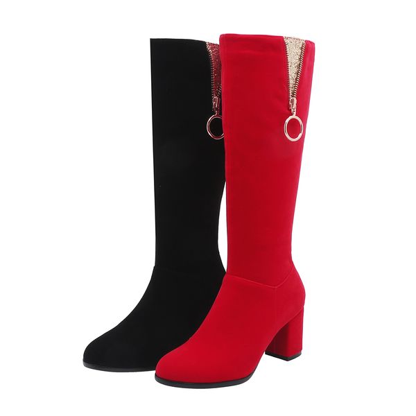 

women suede knee high boots fashion zipper boots comfy thick heel square toe autumn winter plush boots red, Black