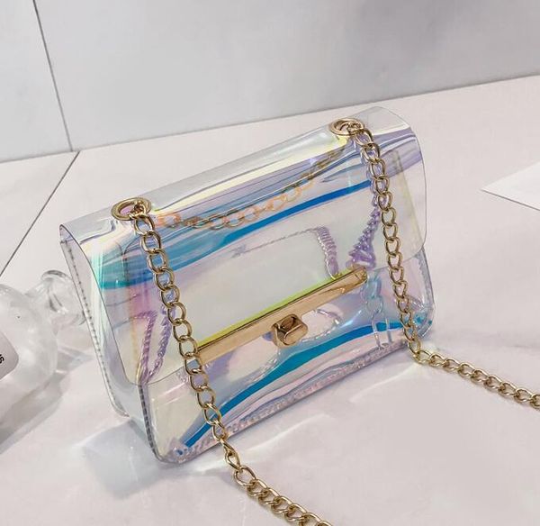 

designer transparent hologram laser bag women hand clutches pvc see through clear small chain bags shoulder messenger bag mini cow