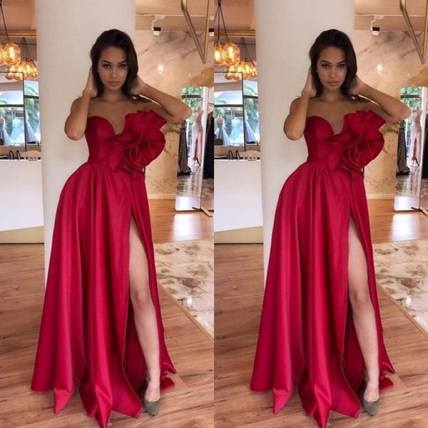 

fashion sweetheart satin formal evening gowns red sleeveless floor length side split a line prom dresses with flowers, Black;red