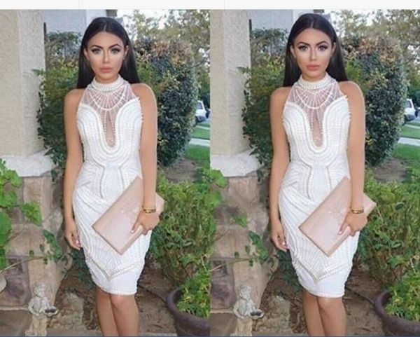 

women cocktail dresses high neck illusion sheath crystal pearls prom dresses knee length party dress plus size formal homecoming gowns, Red