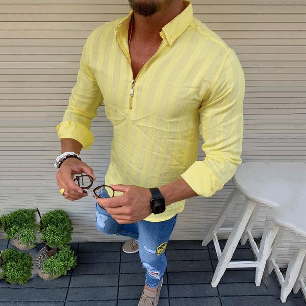 

camisa masculina summer men's shirt casual striped stand collar long sleeve zipper shirt hawaiian chemise yellow black, White;black