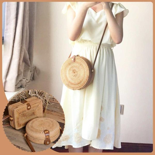 

новый год сбора винограда handmade crossbody кожаная сумка круглый пляжная сумка для девочек 20см круг rattan малый bohemian плечи 2020 spri