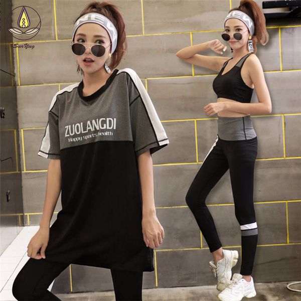 

loose t shirt bra high waist pants women sportswear 3 pcs set quick dry fitness gym yoga suit sets plus size clothing 4xl, White;red